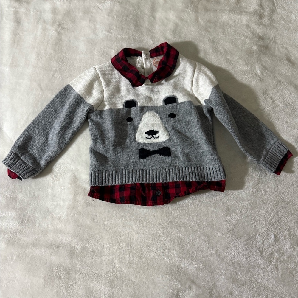 Wonder Nation Gray Bear Sweater with Red Plaid Accents - Picture 7 of 12